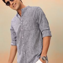 Mast & Harbour Solid Cotton Linen Mandarin Collar Shirt-image-77