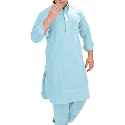 Exotic India Men Shirt Collar Thread Work Pure Cotton Pathani Kurta with Pyjamas-image-45
