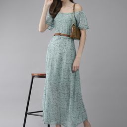 BAESD Floral Printed Off-Shoulder Georgette A-Line Midi Dress With Belt-image-82
