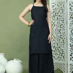 Jompers Geometric EmbroideredBackless Shoulder Straps Straight Kurta With Palazzos-23