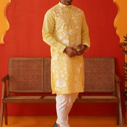 Jompers Men Floral Embroidered Regular Chikankari Kurta with Pyjamas-picture-6