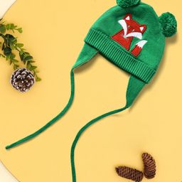Mi Arcus 100% Cotton Knitted Pom Pom Ears Design Fox Patch Tie Up Cap - Green-12