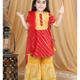 Kinder Kids Half Sleeves Leheriya Printed Lace Detailed Kurta Sharara With Dupatta - Red Yellow-image-64