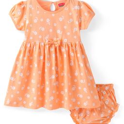 Babyhug Single Jersey Knit Half Sleeves Frock With Bloomer & Floral Print - Orange-image-82
