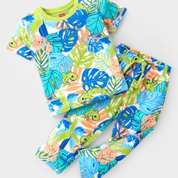 Babyhug Single Jersey Knit Half Sleeves Night Suit Chameleon Print - Green-image-99