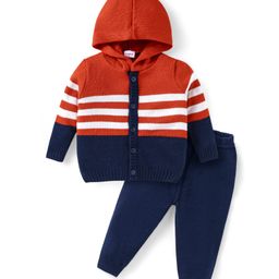 Babyhug Knitted Full Sleeves Front Open Hooded Sweater Set With Stripes - Orange White & Navy Blue-image-29
