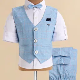 JASH KIDS Cotton Woven Full Sleeves Checkered 3 Piece Party Suit with Bow - Light Blue-picture-13
