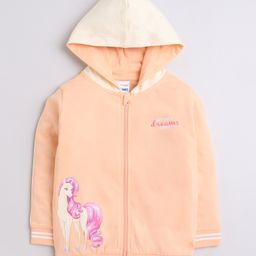 BUMZEE Full Sleeves Unicorn Printed Hooded Sweat Jacket - Peach-image-40