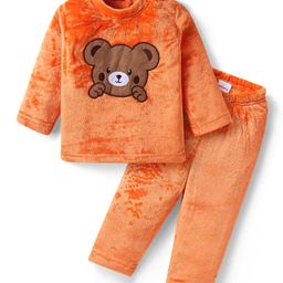 Babyhug Fur Woven Full Sleeves Winter Wear Suit With Bear Design - Orange-image-38