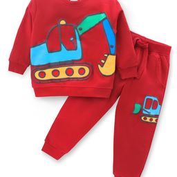 Babyhug Cotton Knit Full Sleeves T-Shirt & Lounge Pants Set With JCB Print - Dark Red-image-19