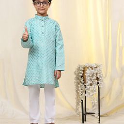 P-MARK Cotton Full Sleeves Ethnic Motif Printed Kurta Pyjama Set - Firozi-picture-24