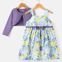 Babyhuhg Cotton Knit Floral Printed Frock with Full Sleeves Solid Color Shrug & Bow Applique - Purple-image-73