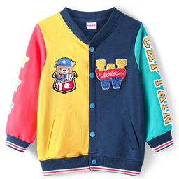 Babyhug Full Sleeves Front OpenBomber Jacket With Embroidery & Badge Detailing - Yellow Blue & Red-image-98