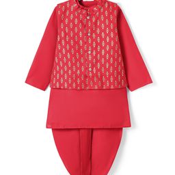 Babyoye Woven Full Sleeves Foil Printed Kurta Dhoti Set With Nehru Jacket - Red-image-91
