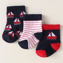 Cute Walk By Babyhug Anti-Bacterial Ankle Length Pack of 3 Socks With Nautical Theme Print - Red & Navy Blue-image-122