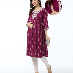 Bella Mama Viscose Woven Three Fourth Sleeves Floral Printed Maternity Kurta With Embroidery & Pocket - Wine-picture-18
