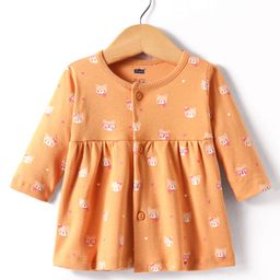 Simply Interlock Full Sleeves Front Open Frock with Teddy Print - Orange-image-57