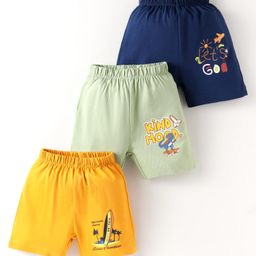 OHMS Sinker Knit Above Knee Length Shorts with Text Print Pack of 3 - Light Green Yellow & Navy Blue-picture-16