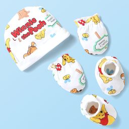 Babyhug Disney Interlock Knit Cap Mittens & Booties With Winnie The Pooh Graphics - White-image-7