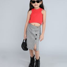 Taffykids Cottob Rib Sleeveless Solid Crop Top & Skirt Set - Red & Grey-image-10