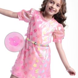 Hola Bonita Mesh Knit Half Puffed Sleeves Dress with Butterfly & Floral Applique - Pink-image-37