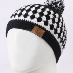 Funkrafts Wollen Knitted Handmade Checked & Pom Pom Embellished Beanie Cap - Black & White-image-73