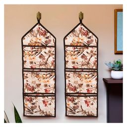 Kuber Industries Pack of 2 Wall Hanging Organizer | Waterproof 3 Multi-Purpose Pocket | Quilted Fabric Stationary-Magazine Organizer | Foldable Document Holder | Brown Flower | Cream-image-93