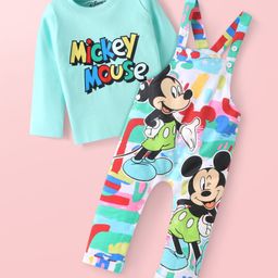 Babyhug Disney Single Jersey Knit Dungaree & Full Sleeves T-Shirt Set with Mickey Mouse Graphics - Aqua Blue-picture-0