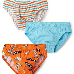 Honeyhap Premium 100% Cotton Knit Bio Finish Briefs with Stripes & Skate Board Print Pack of 3 - Tangerine Blue Radiance & Bright White-image-86