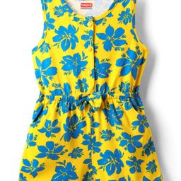 Babyhug Cotton Knit Sleeveless Jumpsuit With Floral Print & Bow Applique - Yellow-image-11