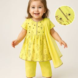 Babyoye Eco Conscious Half Sleeves Kurti Chudidar Set with Dupatta & Floral Glitter Print - Yellow-image-8