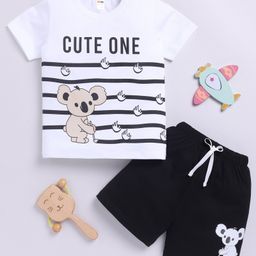 Little Ninja Cotton Half Sleeves Koala Bear Printed Tee & Coordinating Shorts Set - White & Black-image-56