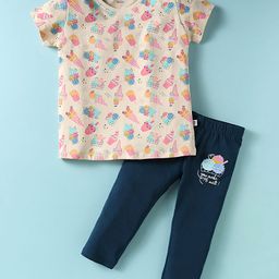CUCUMBER Cotton Knit Half Sleeves Night Suit With Ice Cream Print - Cream-image-92