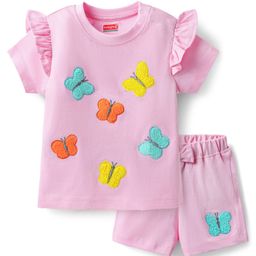Babyhug Single Jersey Knit Half Sleeves Top & Shorts Set With Butterfly Embriodery - Pink-image-53