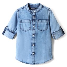 Pine Kids Denim Woven Full Sleeves Mandarin Collared Washed Shirt - Light Blue-image-89