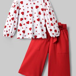 OLLINGTON ST.Cotton Knit Full Sleeves Hearts Printed Top & Pant Set With Belt - Red & White-image-60