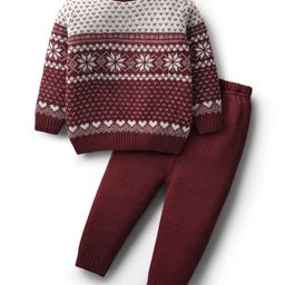 Babyhug Knit Full Sleeves Sweater Set With Floral Design - Maroon-image-71