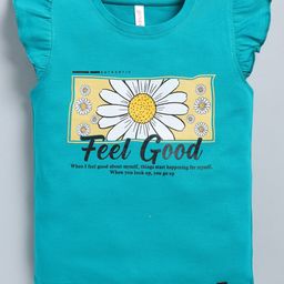 giniekids Cotton Frill Sleeves Feel Good Text Top - Teal Green-image-19