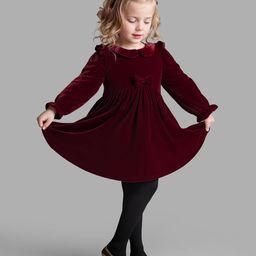 Bonfino Woven Full Sleeves Solid Color Peter Pan Collar Valour Party Dress with Stockings & Bow Applique - Maroon-picture-37