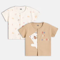 MINI KLUB Cotton Knit Pack Of 2 Half Sleeves Baby Bear & Typography Printed Jhablas - Beige & Brown-picture-21