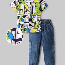 OLLINGTON ST. Cotton Sinker Knit Oversized Half Sleeves Printed T-Shirt & Denim Pants - Multicolor & Indigo Blue-image-37