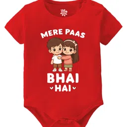 Baby Buzz 100% Cotton Knit Raksha Bandhan Theme Half Sleeves Mere Paas Bhai Hai Text Printed Onesie - Red-picture-16