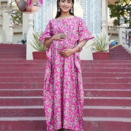 Aujjessa Cotton Woven Half Batwing Sleeves Floral Printed Maternity Nighty With Front Zipper Nursing Access - Pink & Multi Colour-picture-14