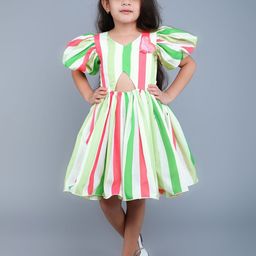 Pink Chick Girls Striped Puff Sleeves Cut Outs Cotton Fit & Flare Dress With Bow Clip-picture-8