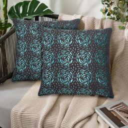 Tesmare Brown & Teal Set of 2 Floral Velvet Square Cushion Covers-24