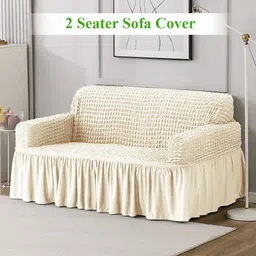 HOKIPO Cream Self Design 2 Seater Sofa Cover With Arms-picture-4