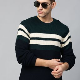Roadster Men Navy Blue & Off-White Striped Pullover-image-85
