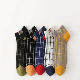 LARIX Men Pack Of 5 Checked Cotton Ankle-Length Socks-image-11