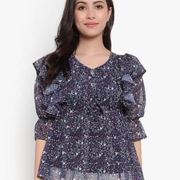 Moda Rapido Floral Print Bell Sleeve Georgette Cinched Waist Top-image-84