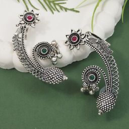 I Jewels Silver-Plated Stones Studded & Ghunghroo Beaded Oxidised Floral Shaped Ear Cuff-picture-39